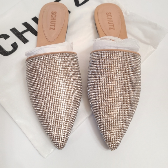 Schutz | Felicie Crystal Flat Mule Slides in Honey Beige Size 7 - Picture 3 of 9